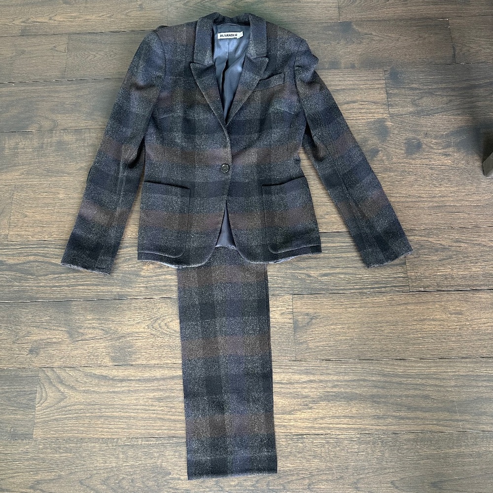 Jil Sander Wool Two-Piece Pantsuit in Black/Grey/Chocolate